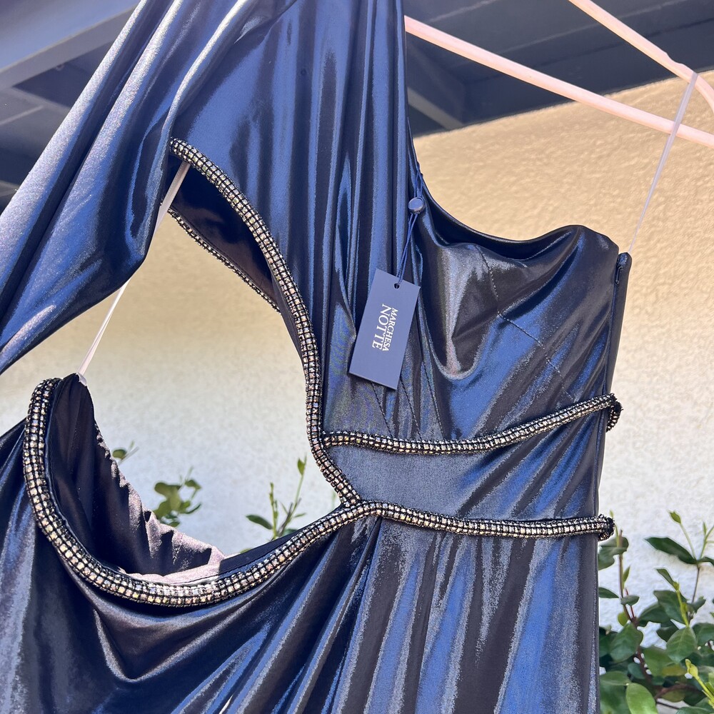 Marchesa Notte One Shoulder Maxi Dress Blue Metallic Gown Crystals Size 10 M NWT - Picture 4 of 8